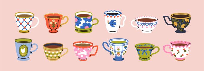 Ilustración decorativa de varias tazas
