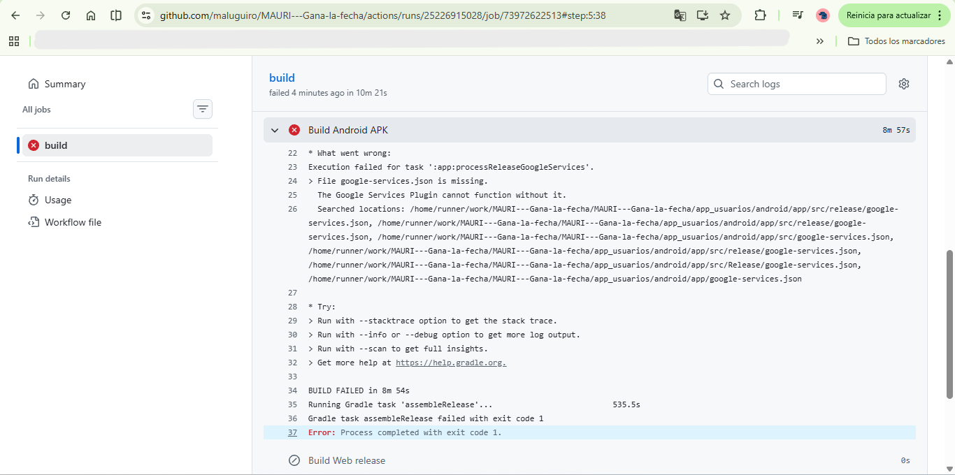 Historial de GitHub Actions con pipeline fallido