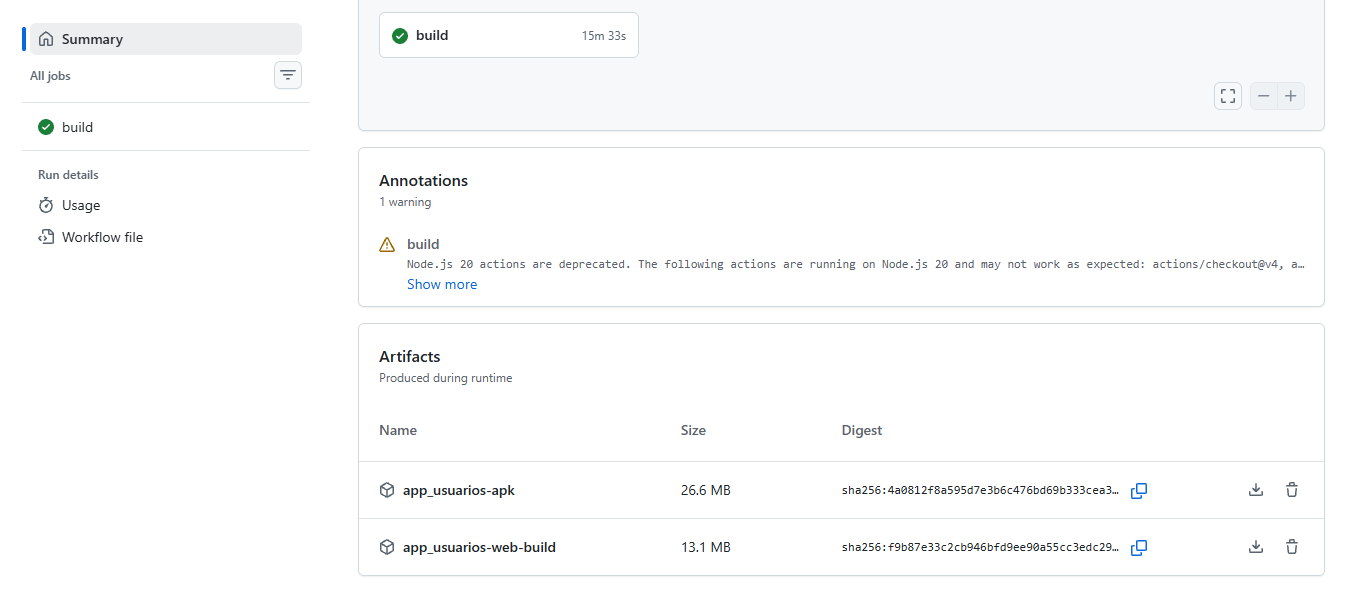 Build exitoso con artifacts generados