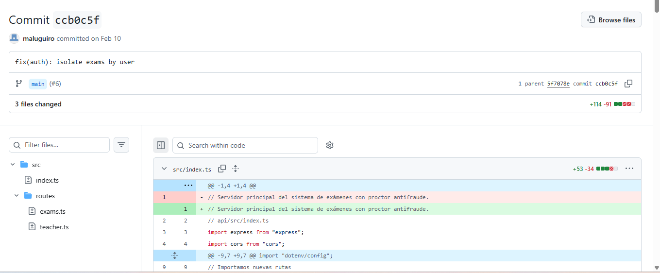 Commit histórico donde se introduce el fix de aislamiento de exámenes por usuario