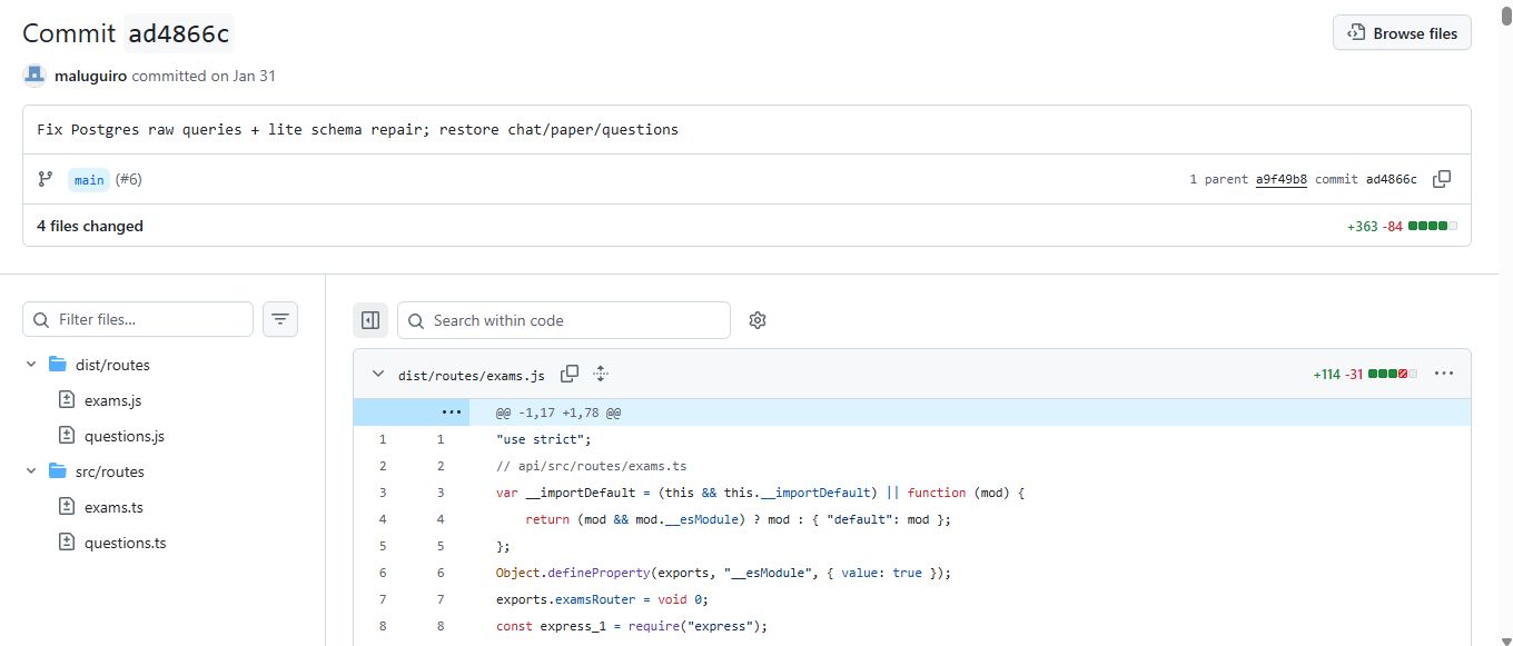 Commit histórico donde se corrigen raw queries y se restaura chat, paper y questions