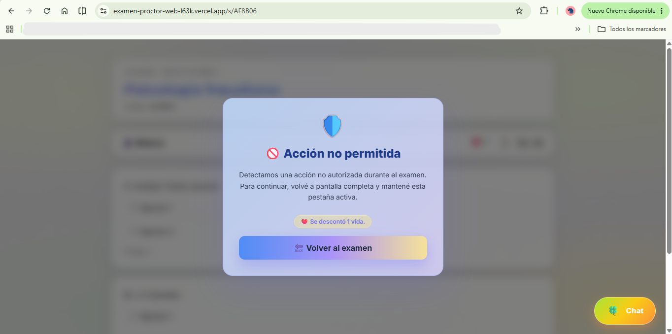Advertencia del sistema antifraude durante el examen