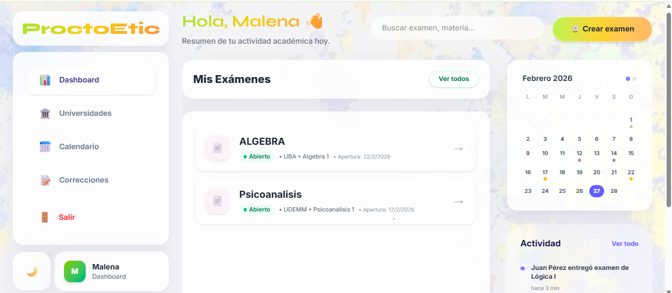 Dashboard docente de ProctoEtic